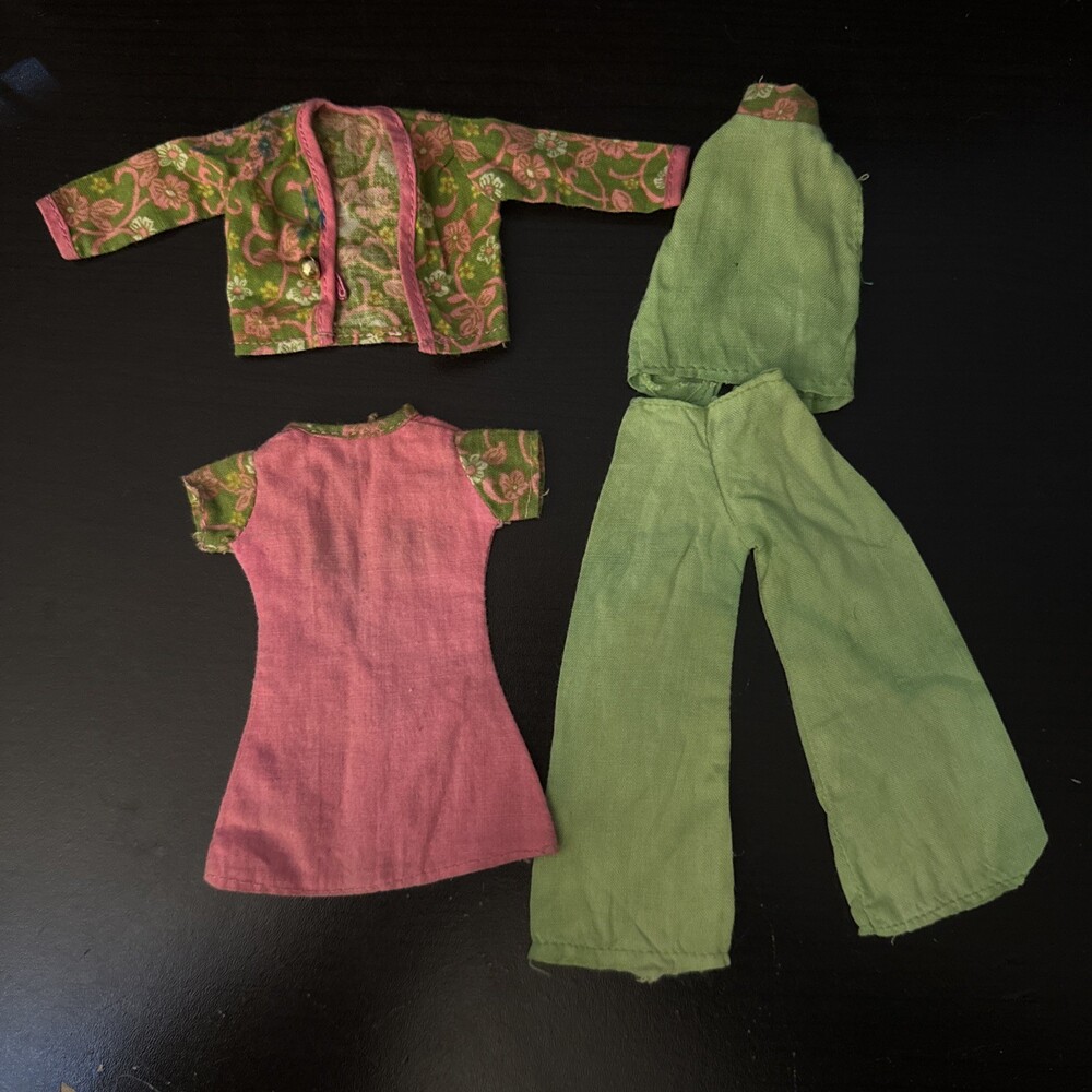 4 Piece Clone Barbie Doll Pink Floral/Green Dress Jacket Pant Set 1960s READ